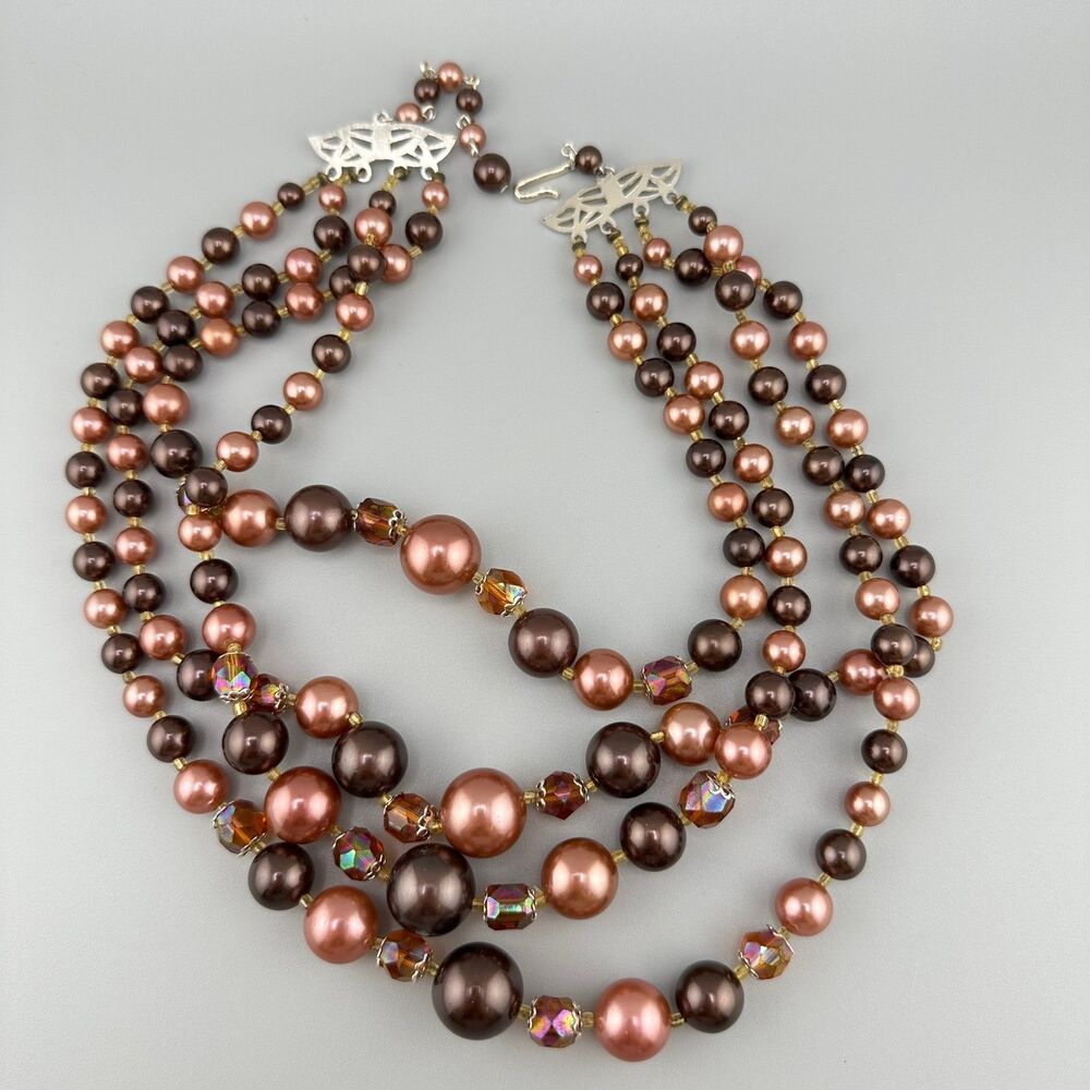 Vintage Japan Faux Pearl Necklace Multi Strand Topaz Root Beer Color AB Beads - Picture 11 of 16